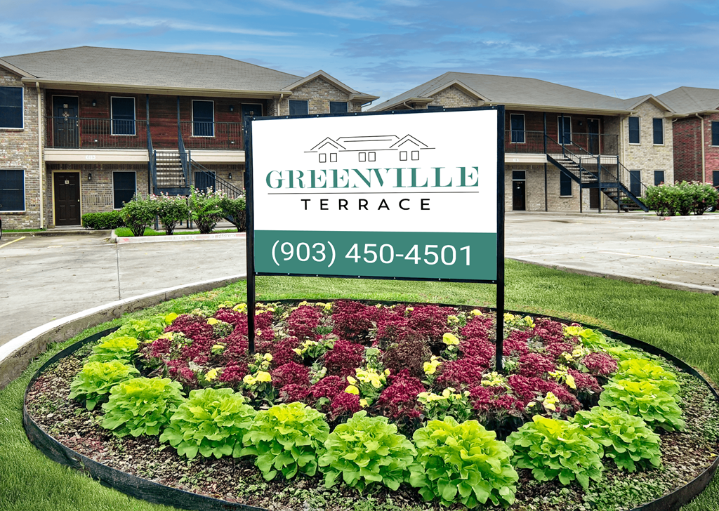A sign for Greenville Terrace with a phone number on it.