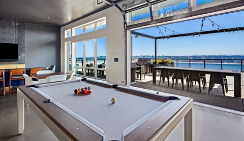 a games room with a pool table and a view of the water