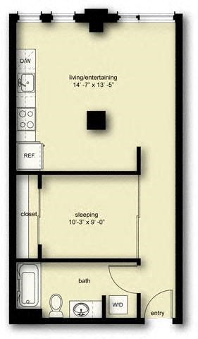 a floor plan of a small apartment with a bathroom and a bed