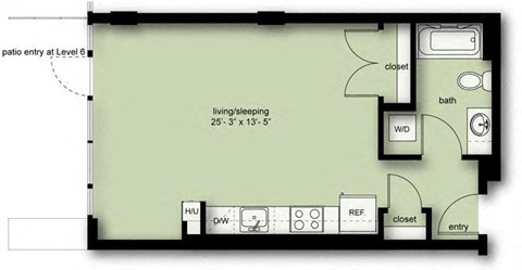the floor plan of a small apartment with a bedroom and a kitchen