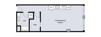 A floor plan of a small apartment with a living/entertaining area and a bedroom.