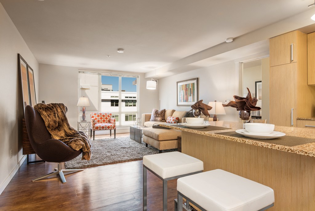Kitchen  with island and living room
