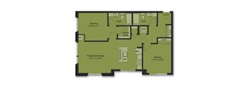 A floor plan of a house with a living/entertaining area, two bedrooms, a bathroom, a laundry room, and a walk-in closet.
