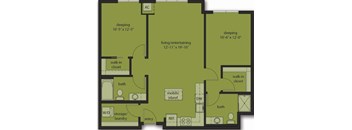 A floor plan of a house with two bedrooms, a living room, a bathroom, a walk-in closet, a laundry area, and a mobile island.