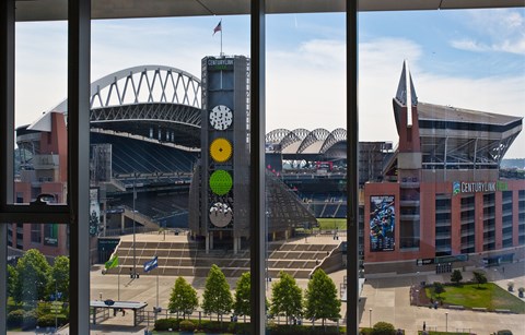 a view of the stadium and the clock tower in front of the tac tac stadium