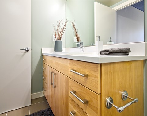 a bathroom with wooden cabinets and a sink and a mirror