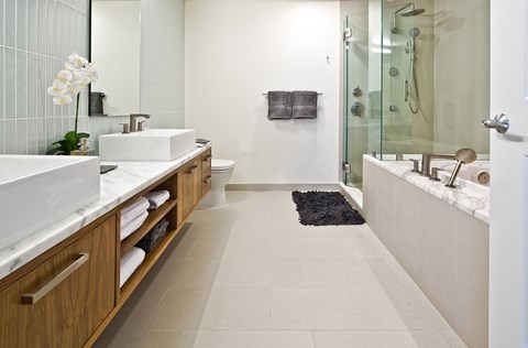 a bathroom with two sinks and a shower