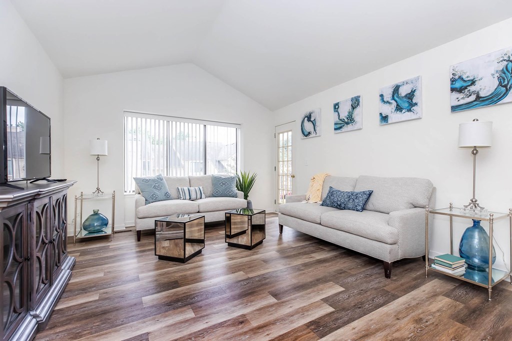 a living room with two couches and a tv