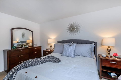 a bedroom with a bed and dressers and a mirror