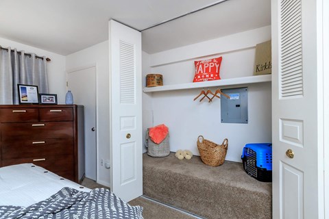 a bedroom with a closet and a bed and a dresser