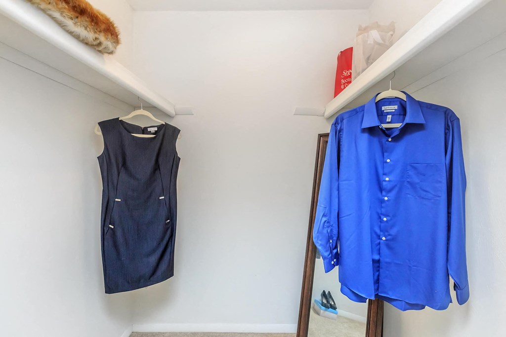 two shirts and a blue shirt hanging in a closet