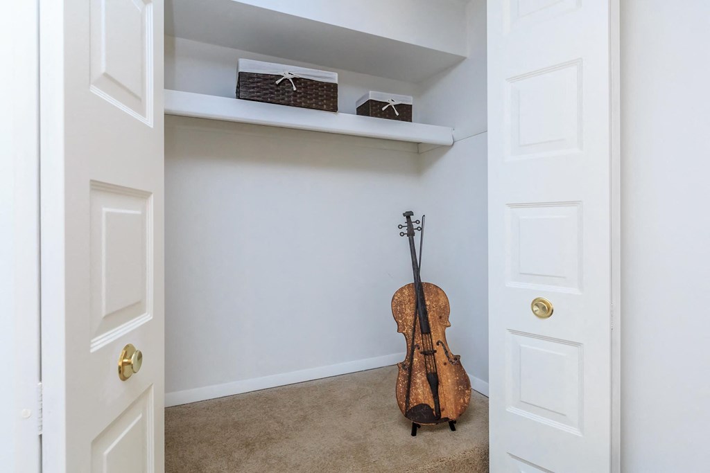 a room with a shelf and a violin on the floor
