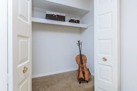 a room with a shelf and a violin on the floor