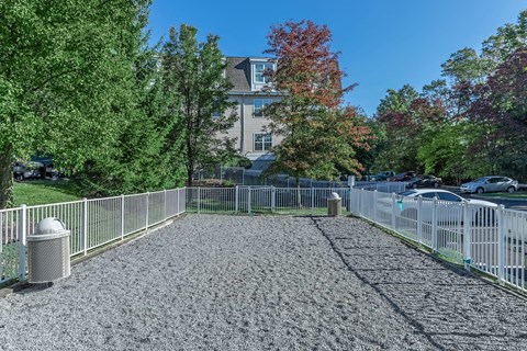 a yard with a white fence and a house in the background