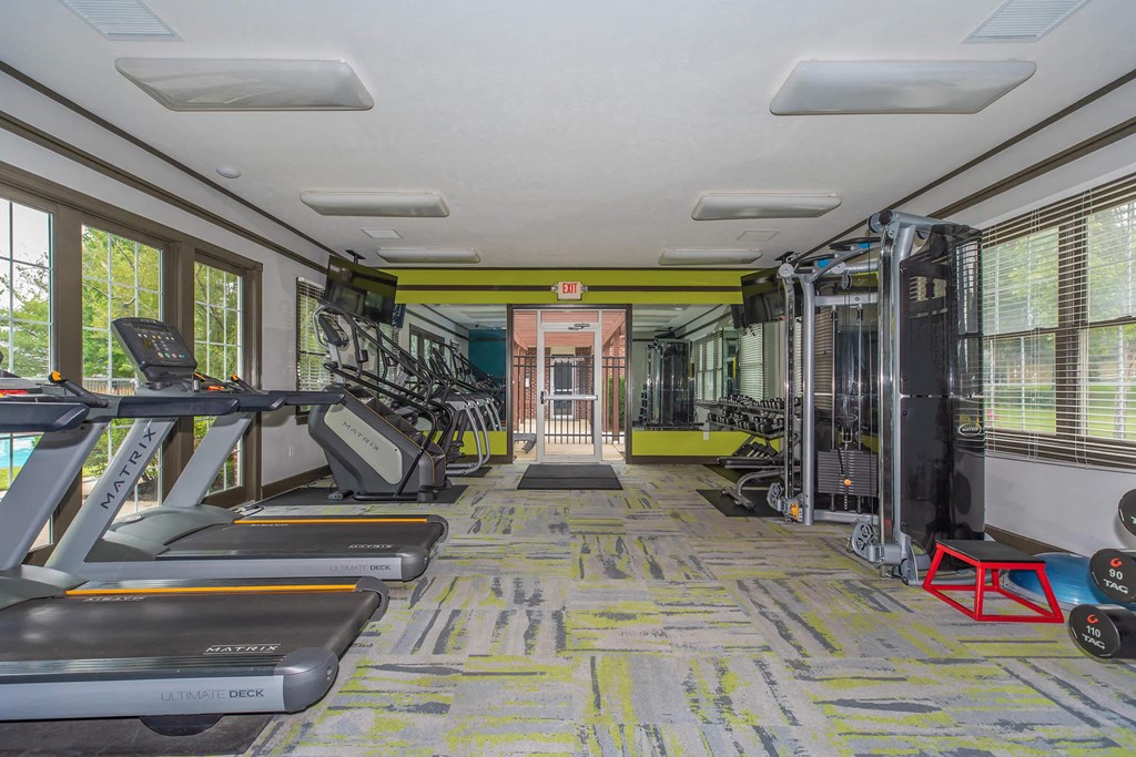 a gym with treadmills and weights in a room with windows