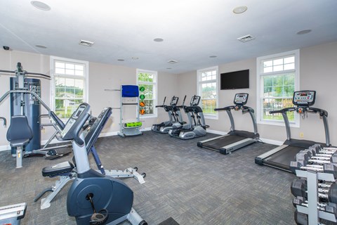 A gym with treadmills, elliptical machines, and other exercise equipment.