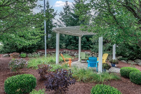 A garden with a white pergola and a bench.