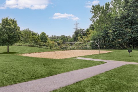 a volleyball court in a park with a path leading to it