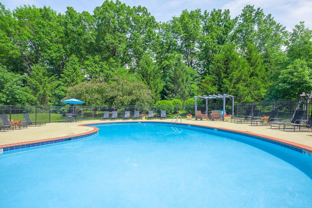 a large swimming pool with trees in the background