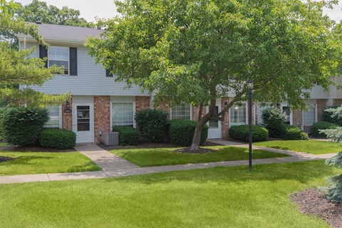 A tree in front of a house.