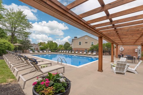 A pool surrounded by a wooden pergola and lounge chairs.