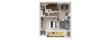 A top-down view of a small apartment with a kitchen, living room, and bathroom.