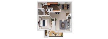 A top-down view of a small apartment with a kitchen, living room, and bathroom.