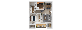 A top-down view of a small apartment with a kitchen, living room, and bedroom.