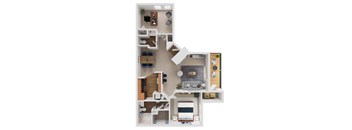 A top-down view of a small apartment with a kitchen, living room, and bedroom.