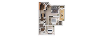 A top down view of a small apartment with a kitchen, living room, and bedroom.