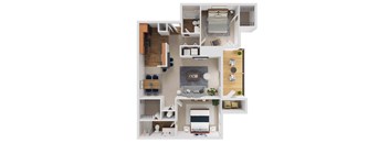 A top-down view of a small apartment with a kitchen, living room, and bathroom.
