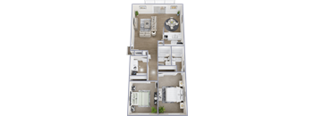 A floor plan of a house with a living room, dining room, kitchen, and two bedrooms.