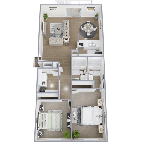 A floor plan of a house with a living room, dining room, kitchen, and two bedrooms.