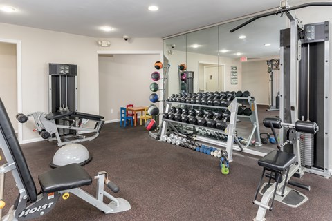 A gym with a variety of equipment including weights and machines.