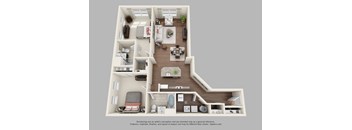 A 3D floor plan of a house with a kitchen, living room, and bathroom.