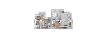A floor plan of a two-bedroom apartment with a kitchen and living room.