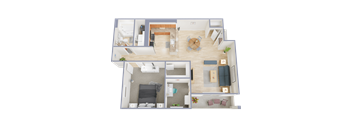 A top-down view of a living room, kitchen, and dining area.