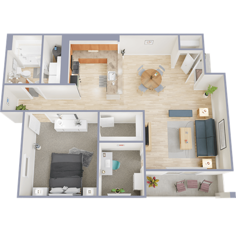 A top-down view of a living room, kitchen, and dining area.