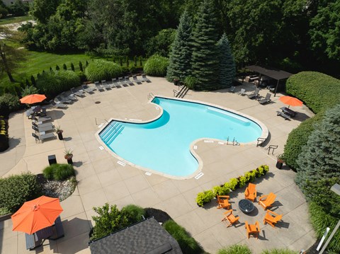 A large swimming pool surrounded by orange chairs and greenery.