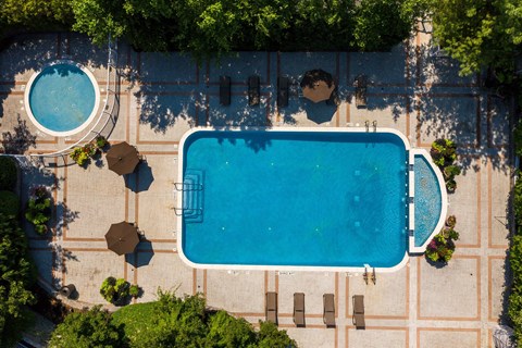 an aerial view of a swimming pool with umbrellas and trees