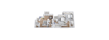 Two images of a small apartment layout with a kitchen, living room, and bedroom.