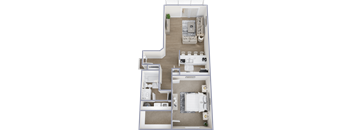 A 3D floor plan of a small apartment with a bedroom, living room, and bathroom.