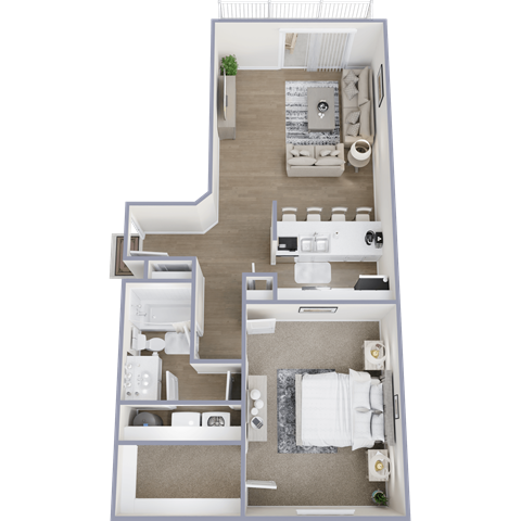 A 3D floor plan of a small apartment with a bedroom, living room, and bathroom.
