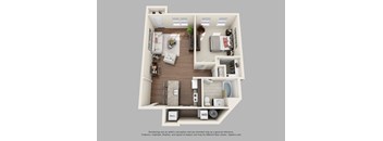 A 3D floor plan of a small apartment with a kitchen, living room, and bathroom.