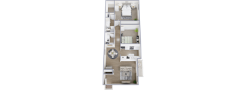 A floor plan of a house with a living room, dining room, kitchen, and two bedrooms.