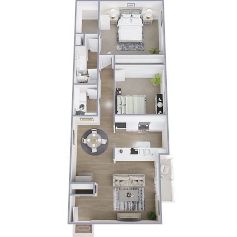 A floor plan of a house with a living room, dining room, kitchen, and two bedrooms.