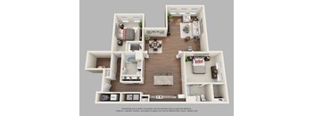A 3D floor plan of a house with a kitchen, living room, and bedrooms.