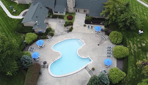Aerial view of pool at Heather Ridge Apartments, Westland, MI, 48185