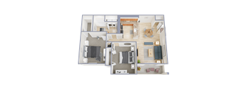 A 3D floor plan of a house with two bedrooms, a living room, a kitchen, and a bathroom.