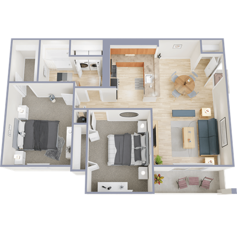 A 3D floor plan of a house with two bedrooms, a living room, a kitchen, and a bathroom.